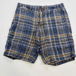 Banana Republic Mens 32 100% Linen Shorts Blue Tan Plaid Boho Beach Y2K